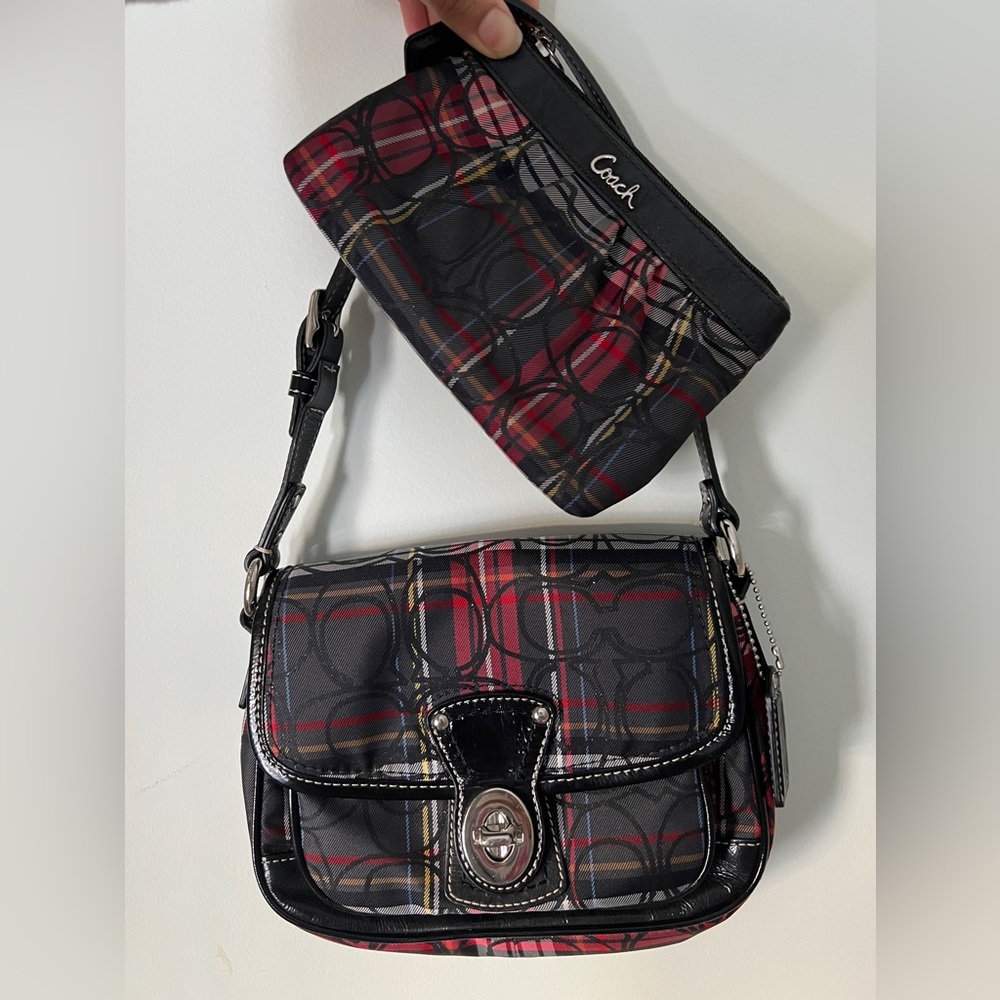COACH #15477 Tartan Penny Flap Bag, Signature Plaid Fabric Patent Leather